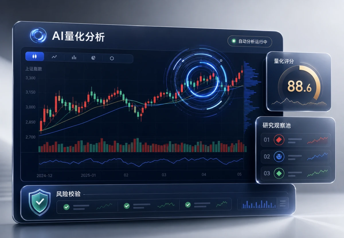 全市场行情经过AI量化分析后进入研究观察池和风险校验的流程图